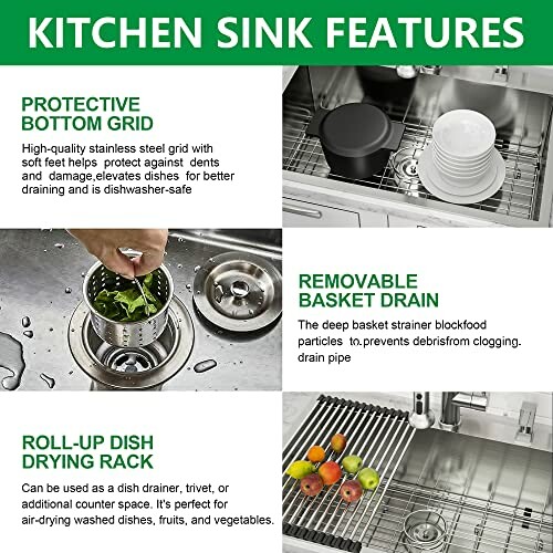 Image illustrating kitchen sink features: protective bottom grid, removable basket drain, and roll-up dish drying rack.