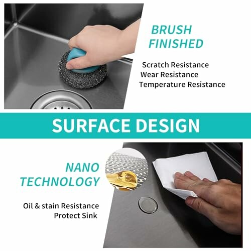 Hand cleaning sink with brush, highlighting scratch and stain resistance features.