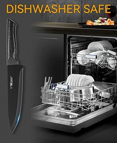 Kitchen knife labeled dishwasher safe next to open dishwasher with dishes.