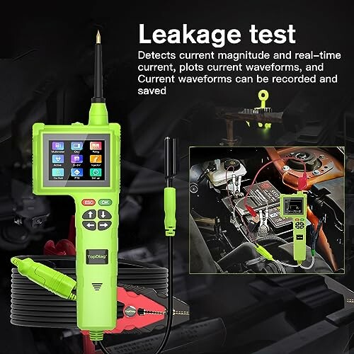 Leakage test device with screen displaying current waveforms.