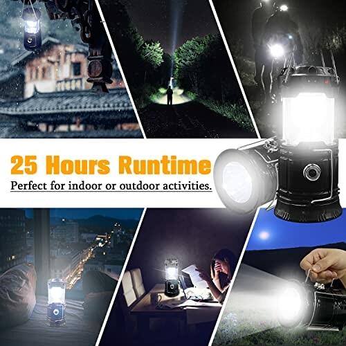 Collage of LED lantern in different settings with 25 hours runtime.
