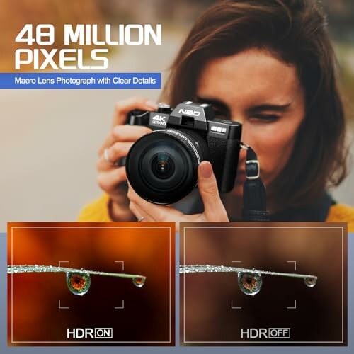 Woman using camera with macro lens, HDR image comparison shown.