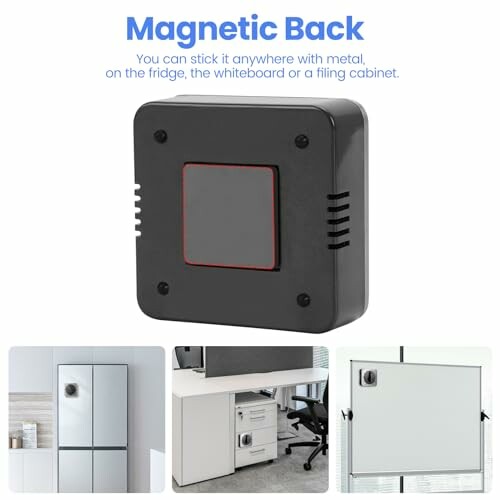 Magnetic device with examples on fridge, desk, and whiteboard.