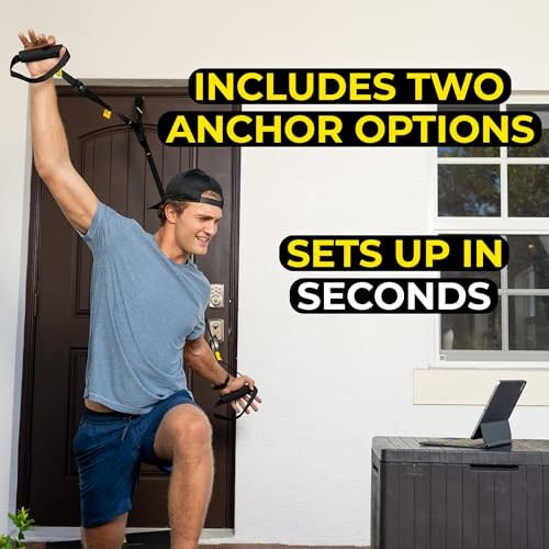 Man using resistance band anchored to door, exercising outdoors