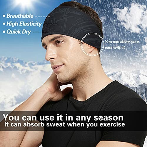 Man wearing a black headband in a snowy outdoor setting.