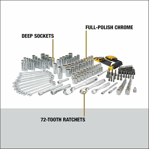 Comprehensive mechanic tool set with deep sockets, full-polish chrome, and 72-tooth ratchets.
