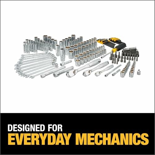 Comprehensive mechanics tool set including wrenches, sockets, and bits.