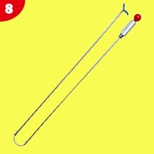 Long metal tool with a red handle on a yellow background.