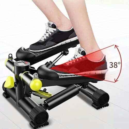 Mini stepper exercise machine with foot on pedal showing 38-degree angle.