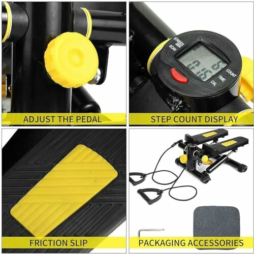 Mini stepper with pedal adjustment, step count display, friction slip, and packaging accessories.