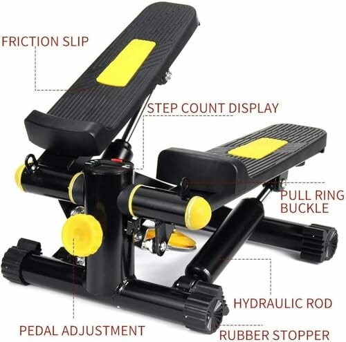 Mini stepper machine with labeled parts including friction slip, step count display, pull ring buckle, pedal adjustment, hydraulic rod, and rubber stopper.