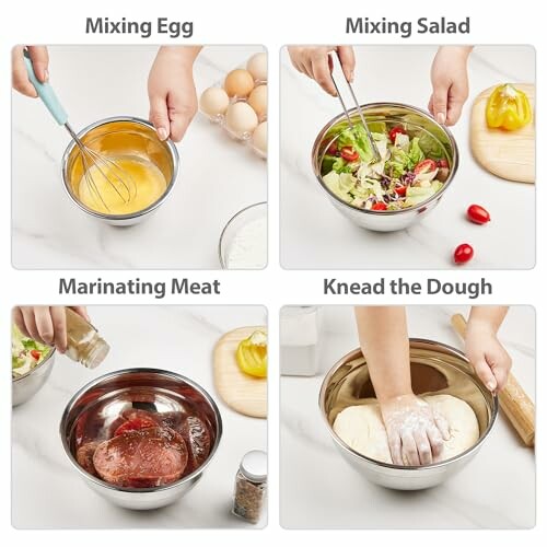 Four images showing mixing egg, salad, marinating meat, and kneading dough.