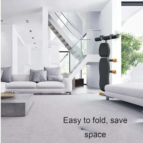 Modern living room with foldable exercise equipment.