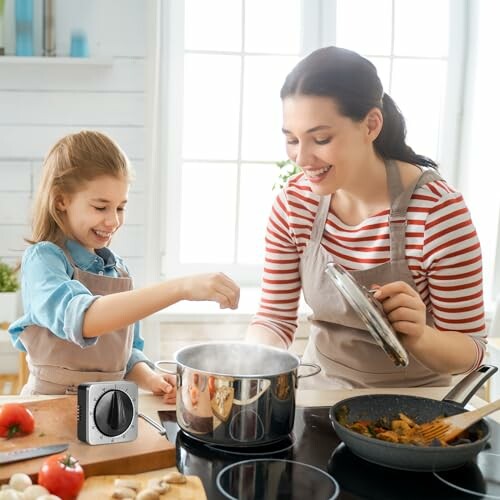 Mother and daughter cooking together in kitchen
