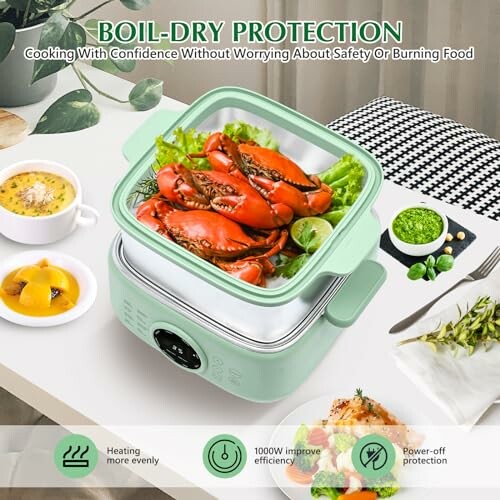 Electric cooker with seafood and vegetables, boil-dry protection feature.