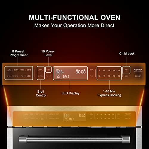 Oven control panel with features like presets, power levels, child lock, and LED display.