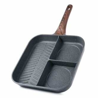 Multi-section non-stick cooking pan with wooden handle