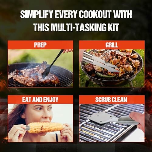 Multi-tasking cookout kit with prep, grill, eat, and clean steps.