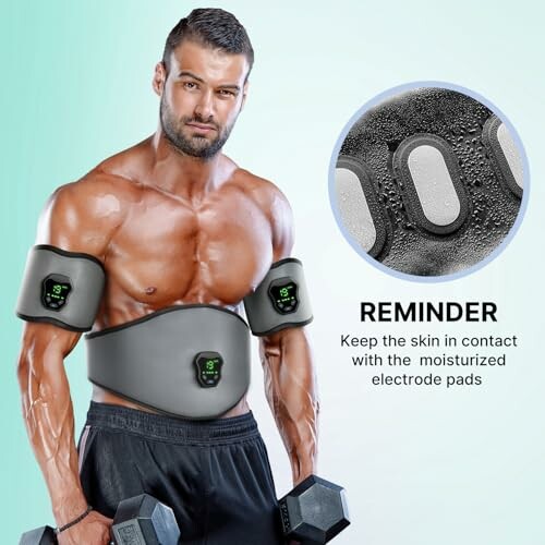 Man using muscle stimulation device on abs and arms, holding dumbbells.