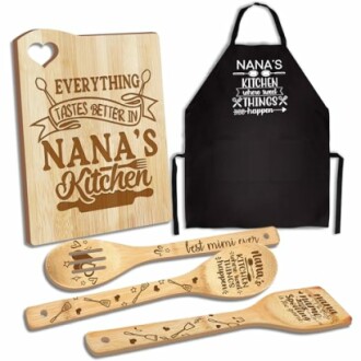 Gift set with apron, cutting board, and wooden spoons.