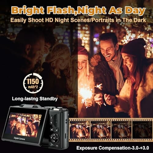 Digital camera with bright flash for night photography.