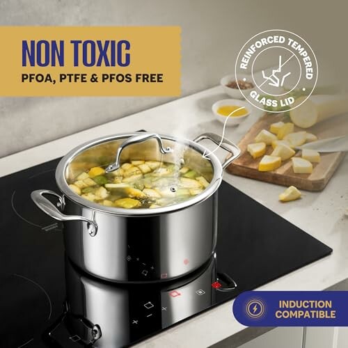 Stainless steel pot on induction stove with glass lid, labeled non-toxic and induction compatible.