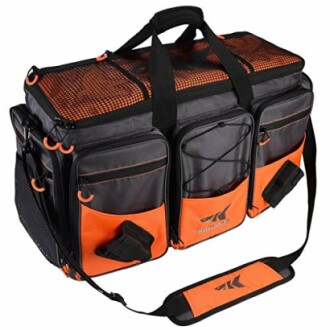 Large orange and black fishing tackle storage bag with multiple pockets and shoulder strap.