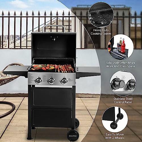 Outdoor grill with open lid, cooking grates, side shelf, control panel, and wheels.
