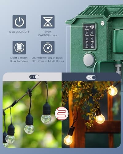 Outdoor light timer with settings and string lights