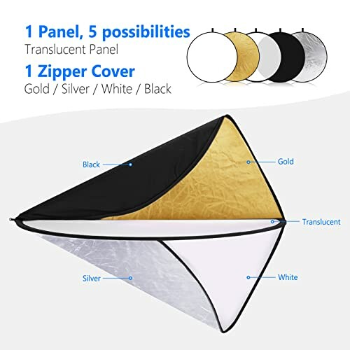 5-in-1 photography reflector with translucent, gold, silver, white, and black surfaces.