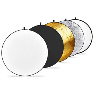 Set of photography reflectors in white, black, gold, silver, and translucent.