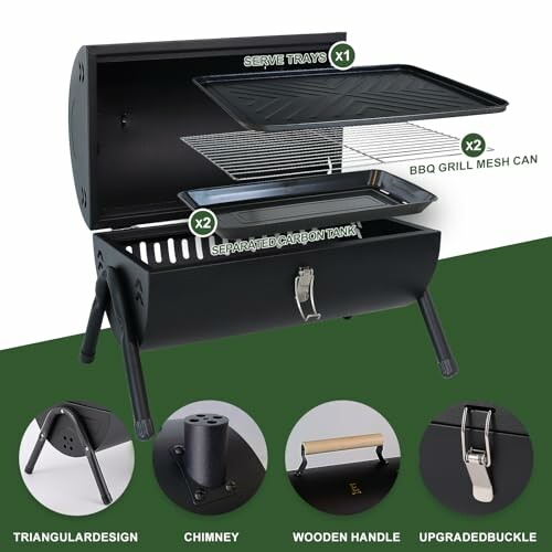 Portable BBQ grill with triangular design, chimney, wooden handle, and upgraded buckle.