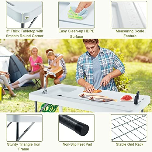 Man using portable camping table with various features displayed.
