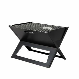 Portable folding BBQ grill with metal grate.