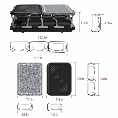 Dimensions of a portable grill with interchangeable plates and can size comparison.