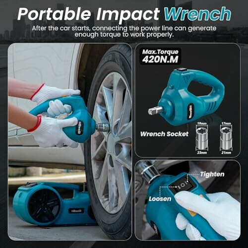 Portable impact wrench being used on car tire with socket options and torque details.