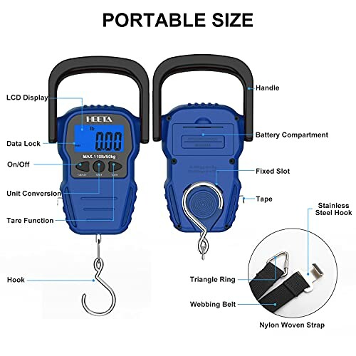 Blue portable luggage scale with handle, LCD display, and stainless steel hook.