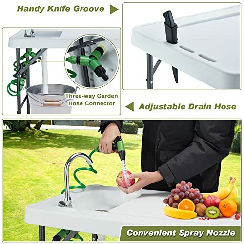 Collage of a portable outdoor sink table with hose and spray nozzle.