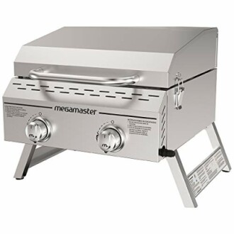 Portable stainless steel gas grill with two burners.