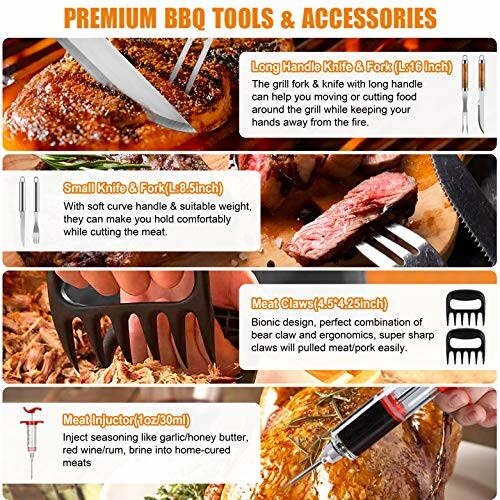 Premium BBQ tools including long handle knife, fork, meat claws, and injector.