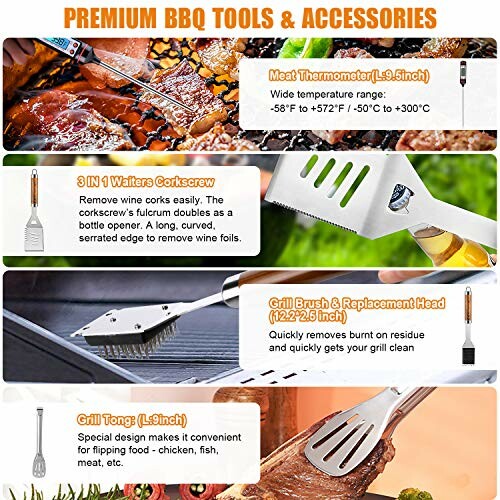 Premium BBQ tools including meat thermometer, waiters corkscrew, grill brush, and grill tongs.