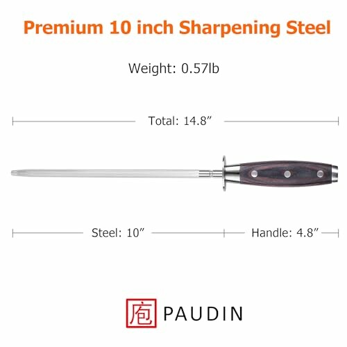 Premium 10 inch sharpening steel with dimensions and weight.