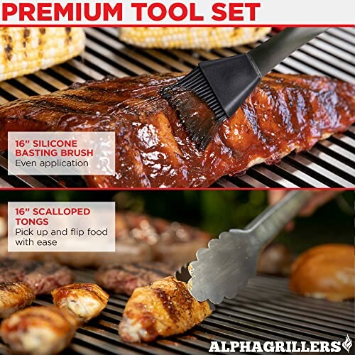 BBQ grill with silicone basting brush and scalloped tongs.