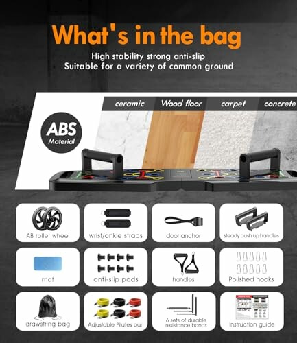Push-up board package contents with various accessories.