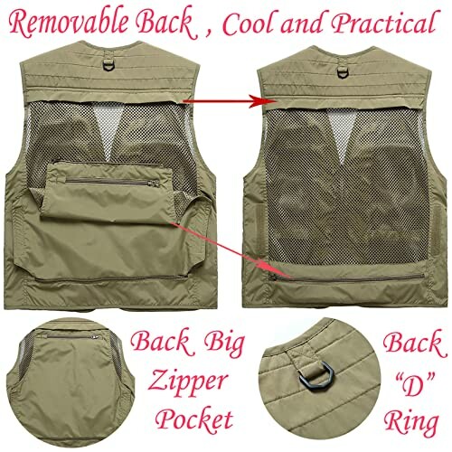 Green vest with removable back, mesh panel, big zipper pocket, and D-ring.