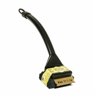 Black ice scraper with a long handle and a protective cover on the blade