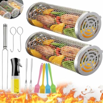 Rotisserie grill baskets with meat and vegetables, grill tools, and flames.