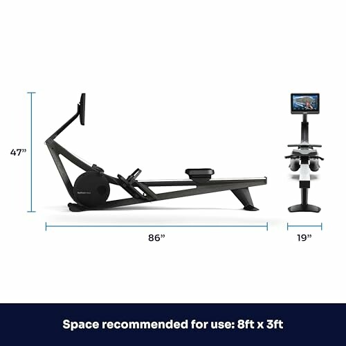 Rowing machine with dimensions and recommended space.