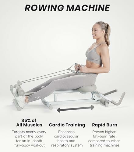 Woman using a rowing machine for exercise.