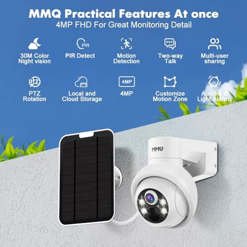 Security camera with solar panel and features listed.